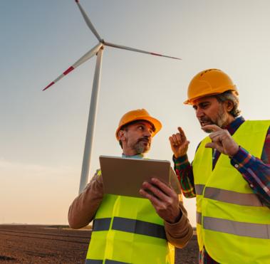 Colleagues working on a wind farm